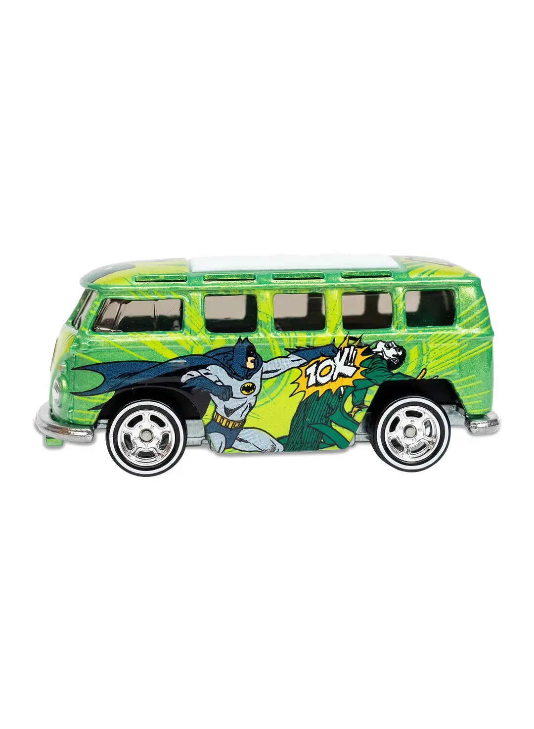 Close-up view of the metalflake green Hot Wheels The Joker Volkswagen Custom Deluxe Wagon showing side laughter graphics and chrome Real Riders wheels.