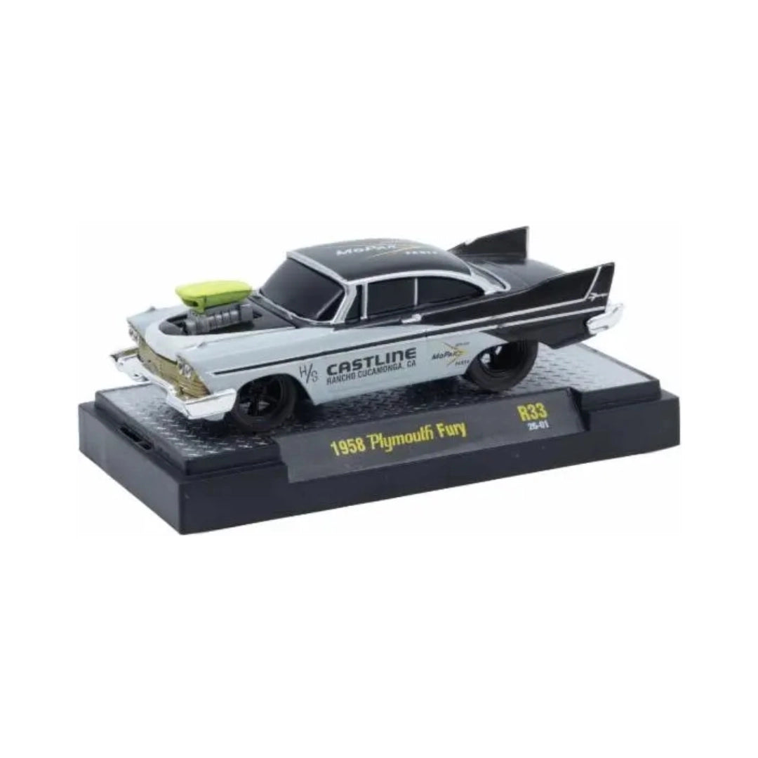 1958 Plymouth Fury - White/Black (Black Rims, Silver Chrome Details, Green Hood Scoop)
