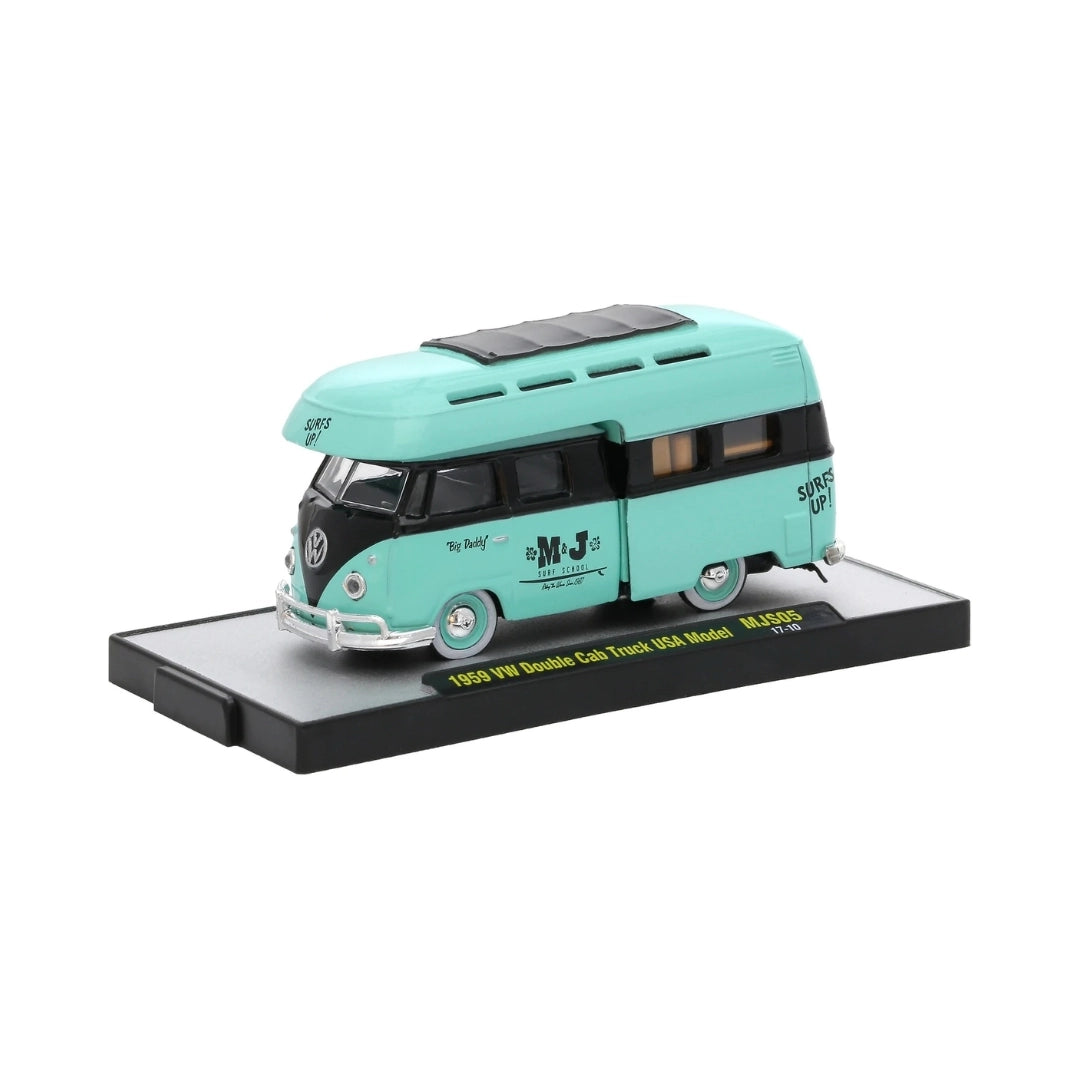 1959 VW Double Cab Truck USA Model - Aqua & Black Camper, Auto-Thentics Volkswagen Release MJS05, MiJo Exclusive, Premium Range