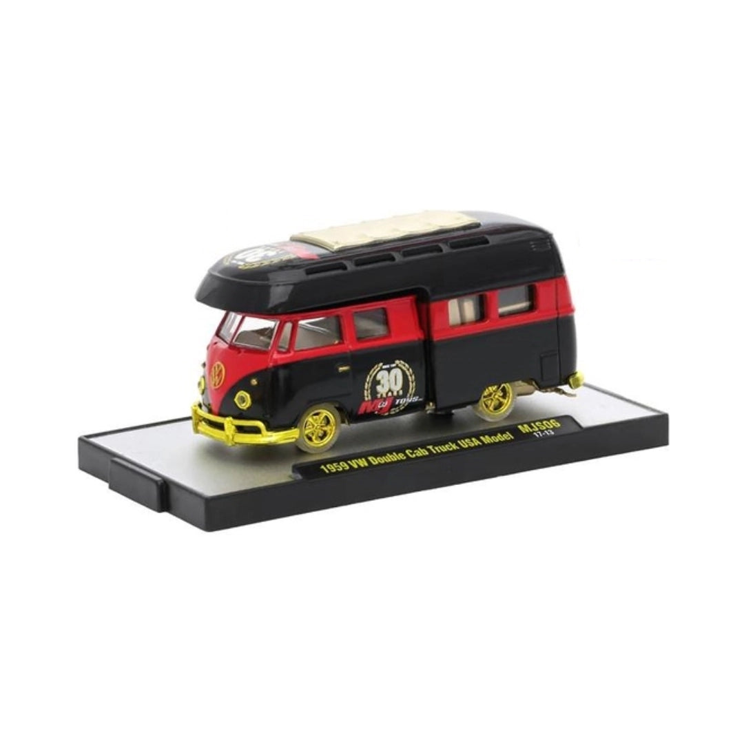 1959 VW Double Cab Truck USA Model - Black & Red Camper, Yellow Chrome Details (Chase), Gold 5-Spoke Rims, Cream Sunroof, Anniversary Logo on Door, Limited Edition