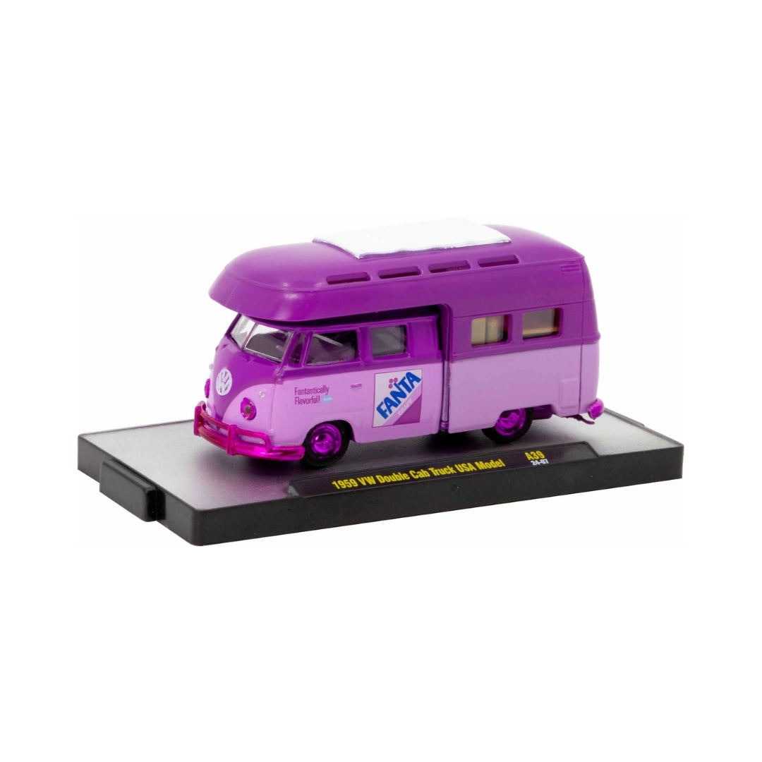 1959 VW Double Cab Truck USA Model - Light Purple Adventure Camper, Magenta Chrome Hubcaps & Bumpers, Purple Interior (Chase), Limited Edition