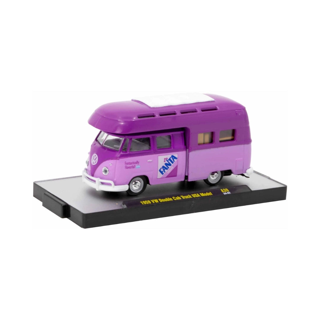 1959 VW Double Cab Truck USA Model - Light Purple Adventure Camper, Silver Hubcaps, White Bumpers & Interior, Limited Edition