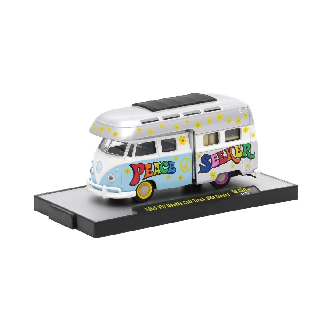 1959 VW Double Cab Truck USA Model - Peace Seeker Hippie Camper, White & Light Blue, Multi-Color Rims, Auto-Thentics Volkswagen Release MJS04, MiJo Exclusive, Premium Range