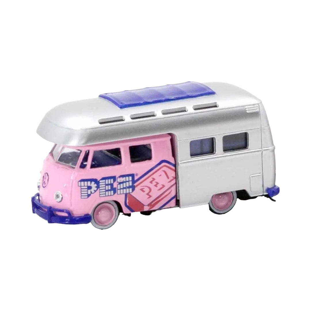 1959 VW Double Cab Truck USA Model - Silver & Pink PEZ Camper, Pink Hubcaps, Blue Bumpers, Violet Interior, Limited Edition Set Exclusive