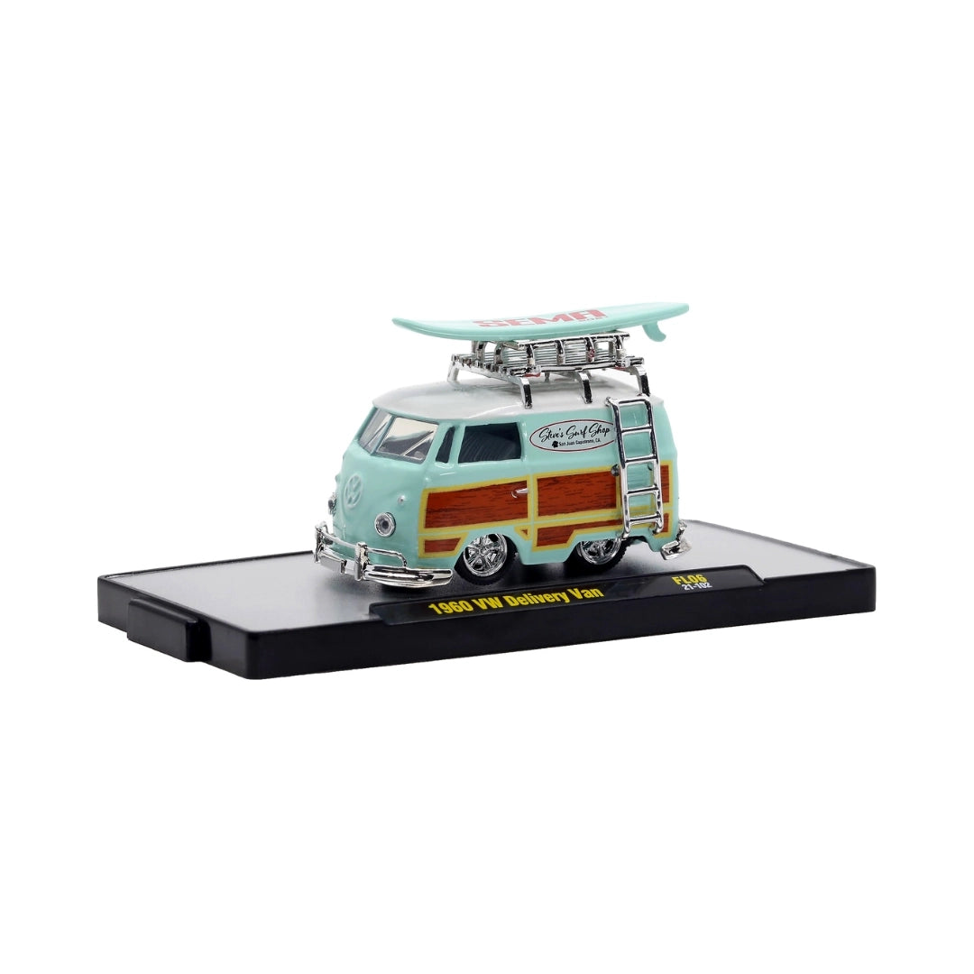 1960 VW Delivery Van - Aqua Surf Wagon Chase with Woodgrain Panels, Surfboard, Gold Chrome Details, Gold Chrome Rims, Gold Ladder & Brass Interior (Exclusive, Limited Edition)