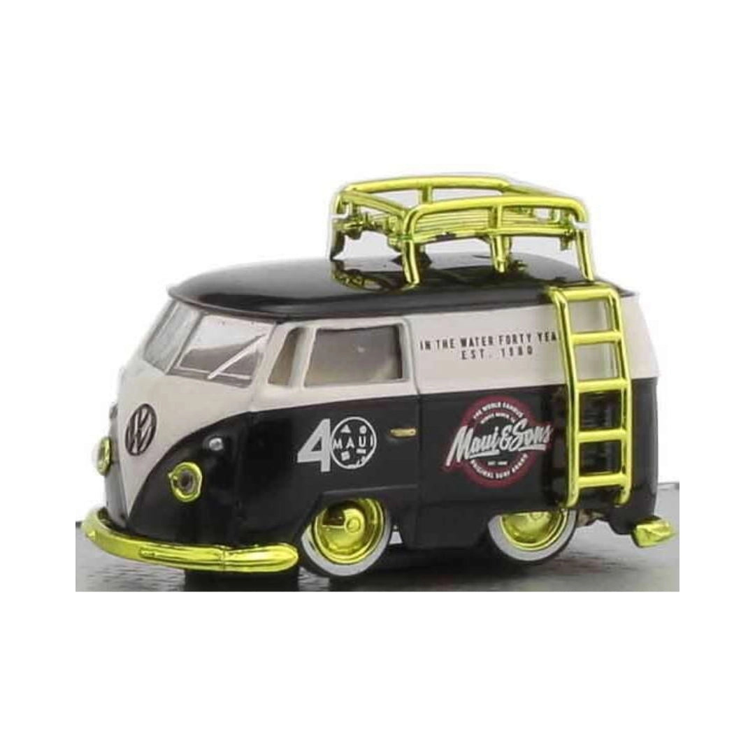 1960 VW Delivery Van - Black & White Hard Rock 40th Anniversary Chase with Yellow Chrome Rims & Details, Beige Interior, Black Roof Rack & Ladder