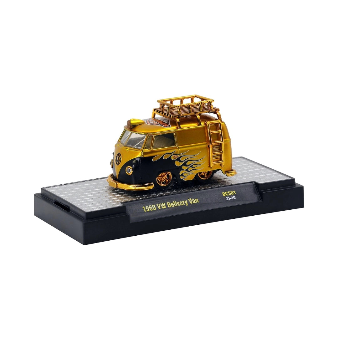 1960 VW Delivery Van - Gold & Blue Flame Graphics with Gold Roof Rack, Gold Ladder and Gold Rims (Diecast Supercon Las Vegas Exclusive Single Car Release)