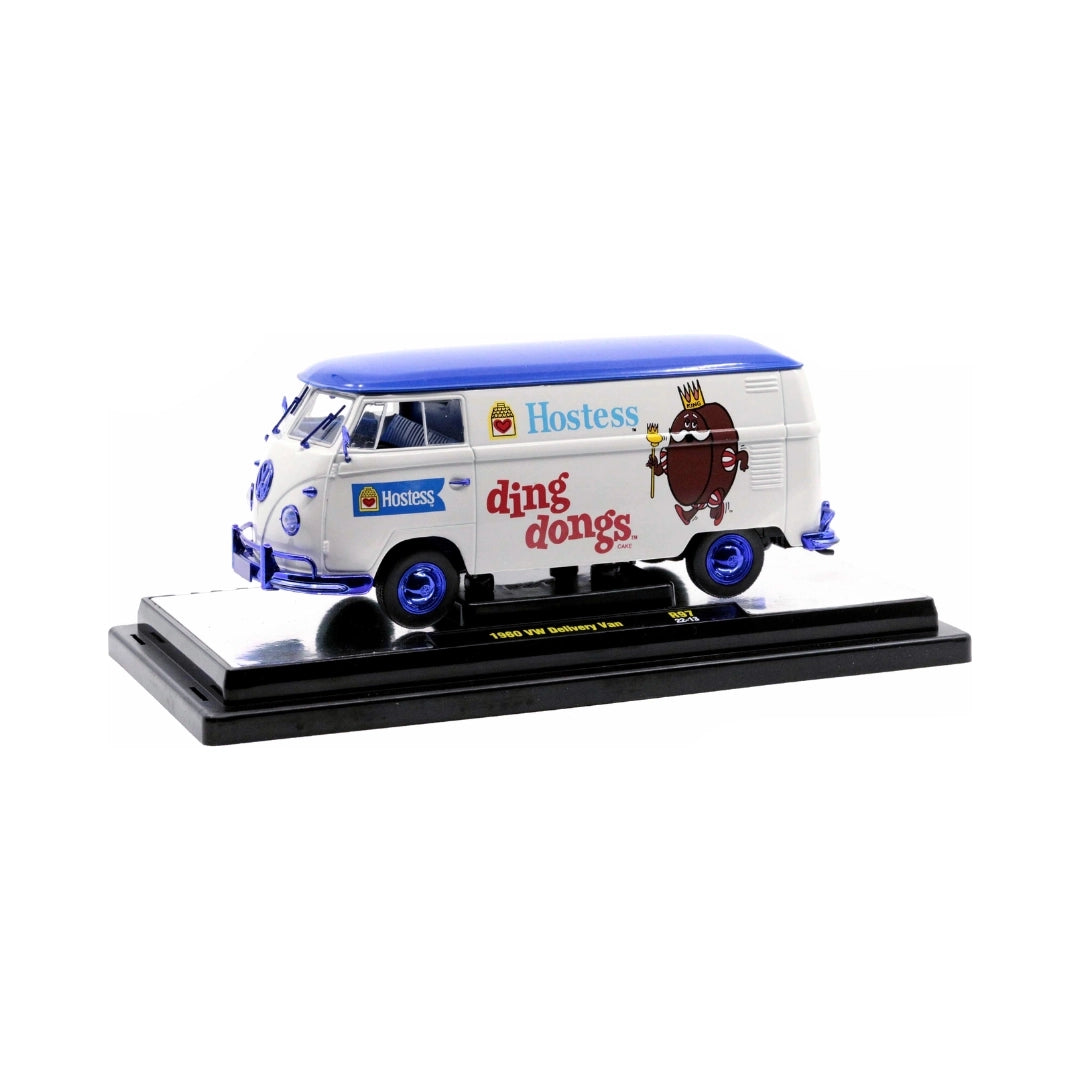1960 VW Delivery Van - White/Blue (Hostess Ding Dongs Livery, Blue Chrome Wheels, Purple Details, Blue Interior)