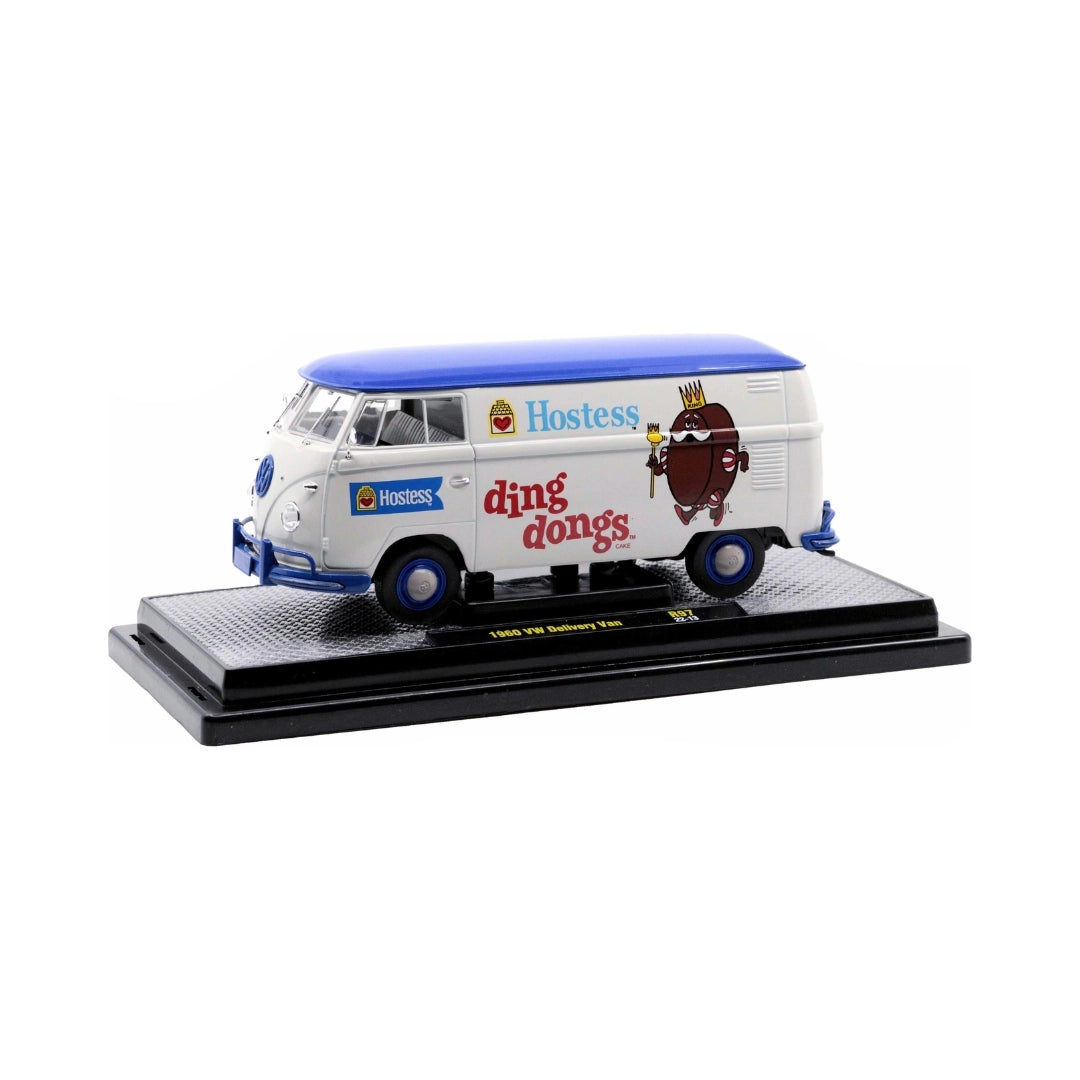 1960 VW Delivery Van - White/Blue (Hostess Ding Dongs Livery, Silver Wheels, Blue Details, White Interior)