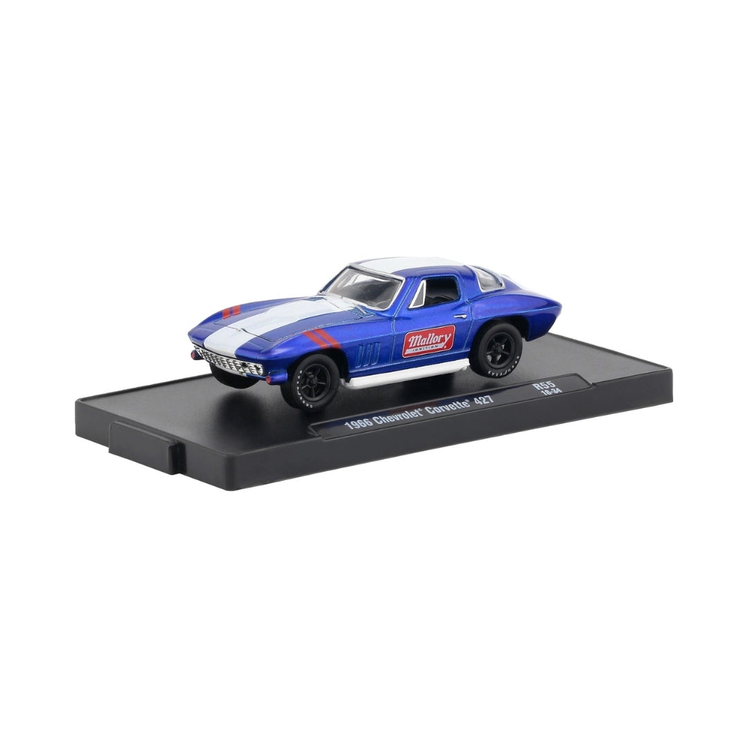 1966 Chevrolet Corvette 427 – Blue (White Hood Stripe, Red Accent Stripes, Black Rims, Mallory Ignition Livery)