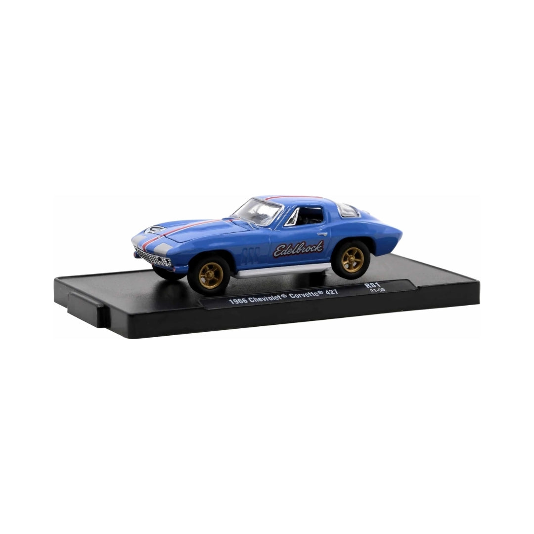 1966 Chevrolet Corvette 427 – Light Blue (Red Hood Stripes, Gold Rims, Edelbrock Livery)