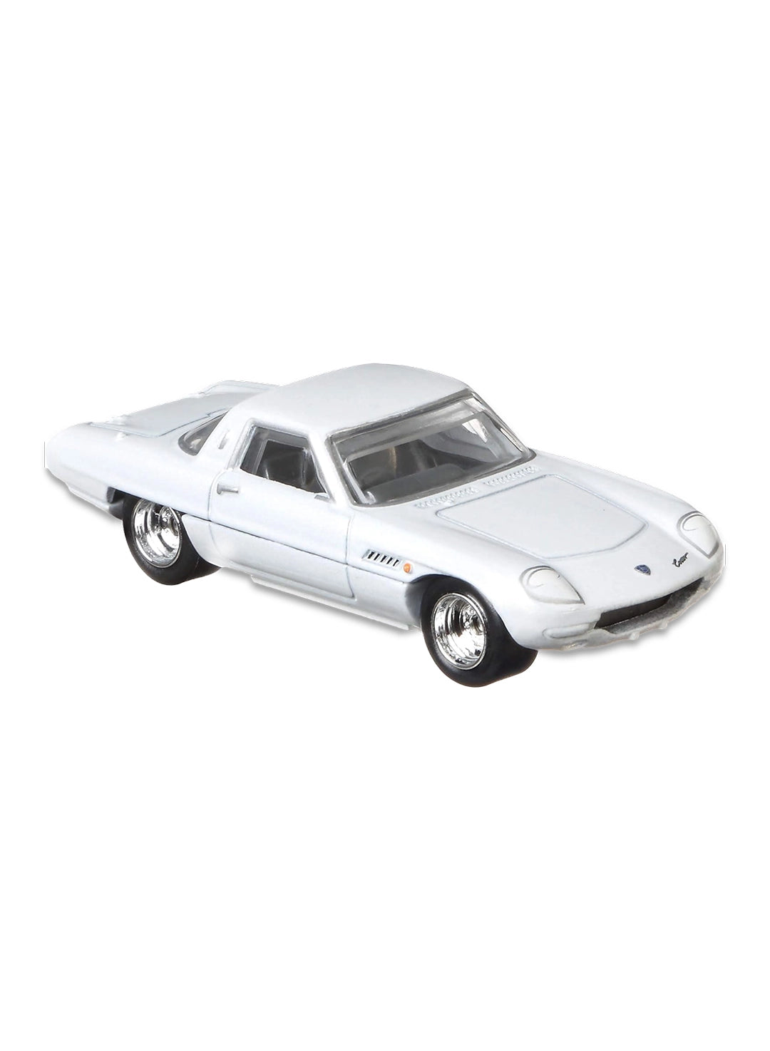 Close-up view of the classic white Hot Wheels Jay Leno's Garage 1968 Mazda Cosmo Sport coupe showing authentic factory trim lines and silver steelie-style Real Riders wheels.