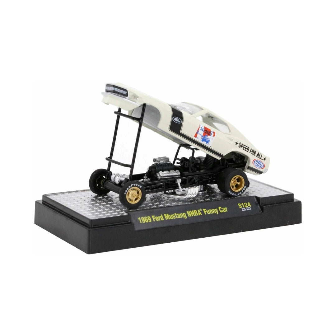 1969 Ford Mustang NHRA Funny Car - White & Black (Brass Rims, O'Reilly Auto Parts Exclusive, Release S124)
