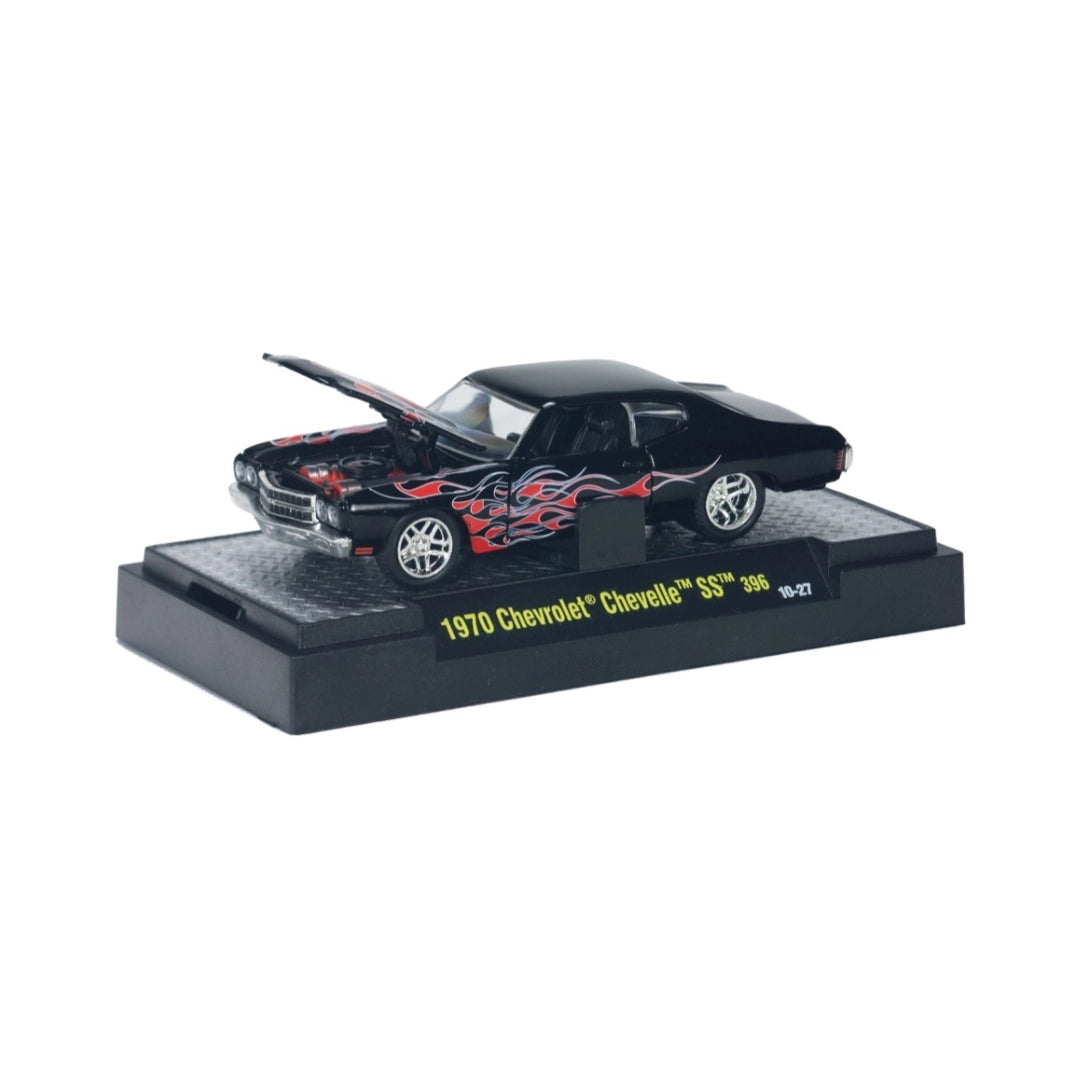 1970 Chevrolet Chevelle SS 396 - Black / Red Flame Graphics (Clamshell Blister Version)