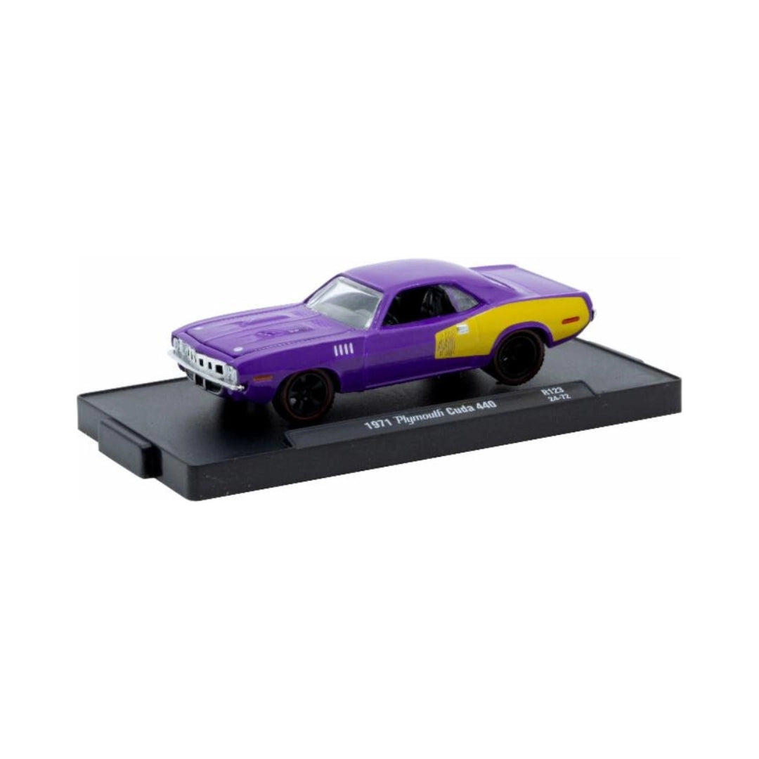 1971 Plymouth Cuda 440 - Purple & Yellow (Black Hood and Black Rims)