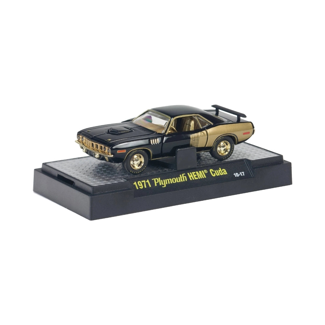1971 Plymouth HEMI Cuda - Black & Gold (Gold Rims, Black Hood, Rear Wing) - Box