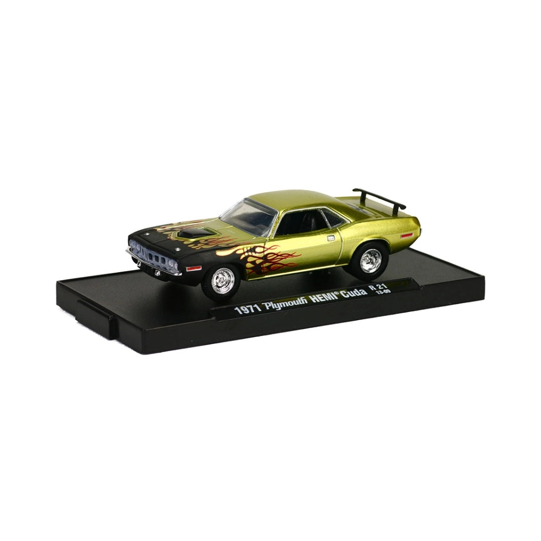 1971 Plymouth HEMI Cuda - Lime Green & Black (Flame Graphics, Chrome Rims) - Blister Card