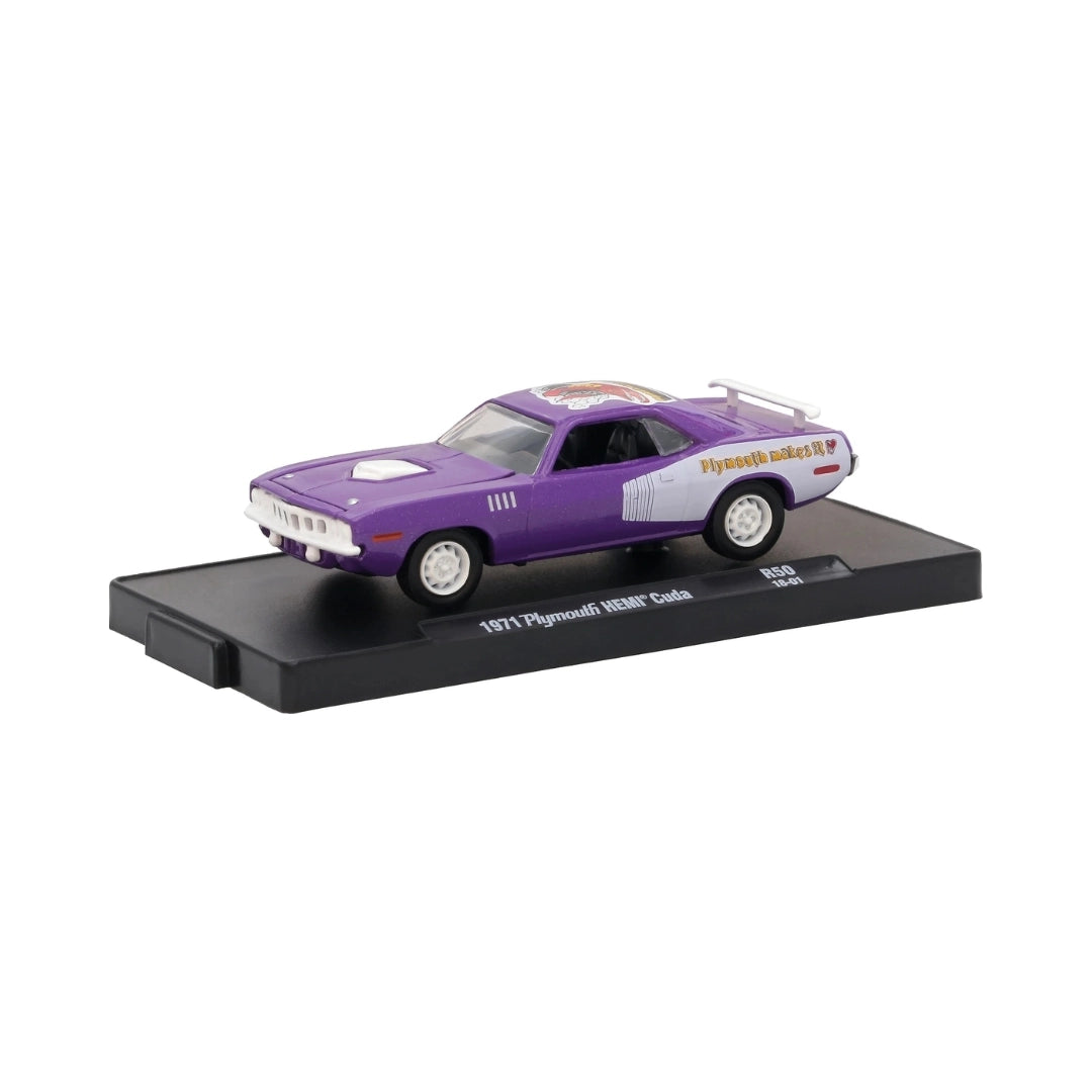 1971 Plymouth Hemi Cuda - Purple & White (Plymouth Makes It Graphics, White Rims)
