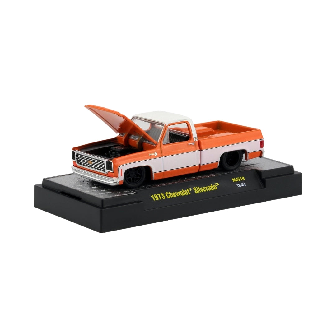 1973 Chevrolet Custom Deluxe 10 - OJ Orange & White, Silver Chrome Details, Silver Grille, Black 5D-Spoke Rims, Black Interior
