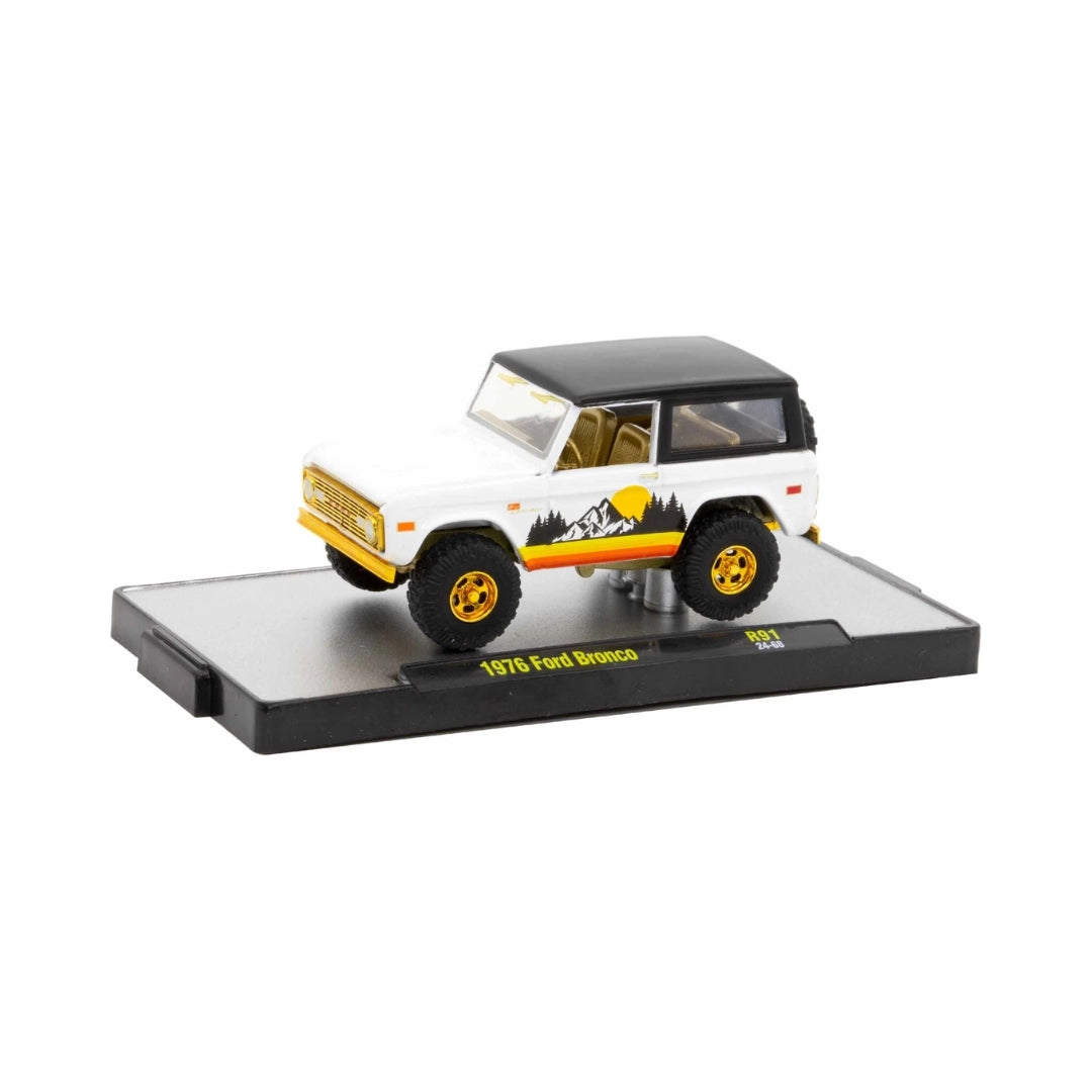 1976 Ford Bronco - White & Black (Mountain graphic livery, Silver chrome details, Black interior)