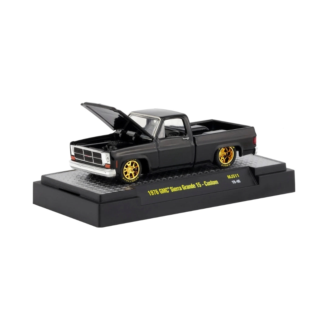 1976 GMC Sierra Grande 15 - Custom Dark Gray with Silver Chrome Grille & Bumpers, Gold 5Y-Spoke Rims, Thin GMC Fender Logo, Black Interior