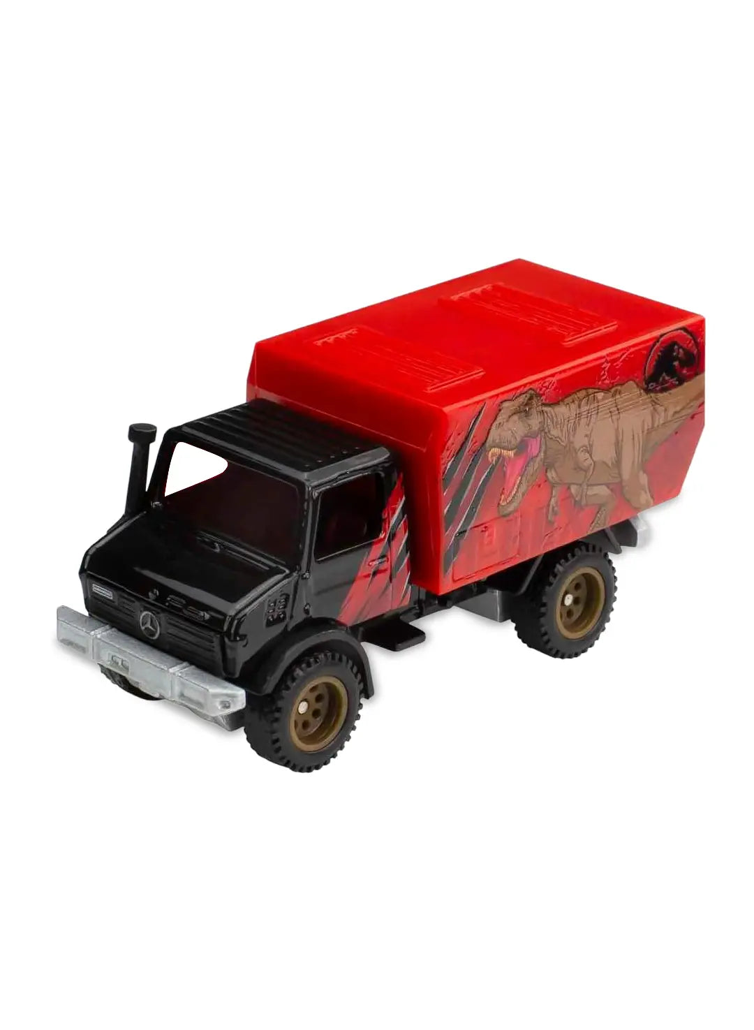 Close-up view of the red and black Hot Wheels Tyrannosaurus Rex Unimog truck showing claw scratch marks and off-road wheels.