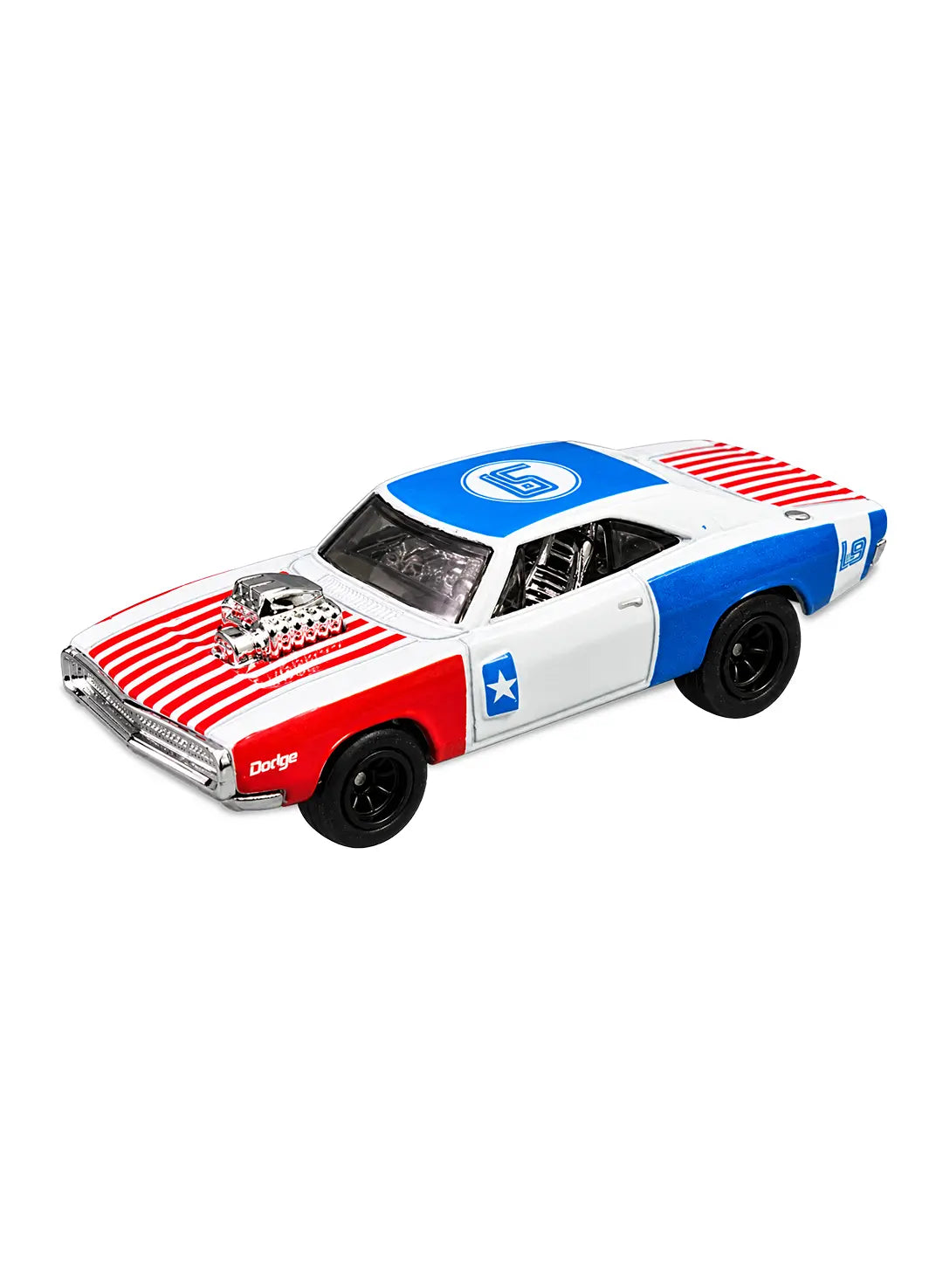 Close-up quarter view of the premium metalflake white '70 Dodge Charger R/T showing its blue and red side racing stripes, exposed custom engine component casting, and matching black multi-spoke RR8SP Real Riders wheels.