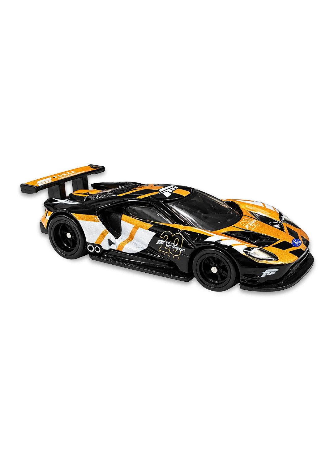 Close-up view of the black and yellow Hot Wheels Forza 2016 Ford GT Race supercar showing a low-profile body, racing number 20 decals, and black Real Riders wheels.