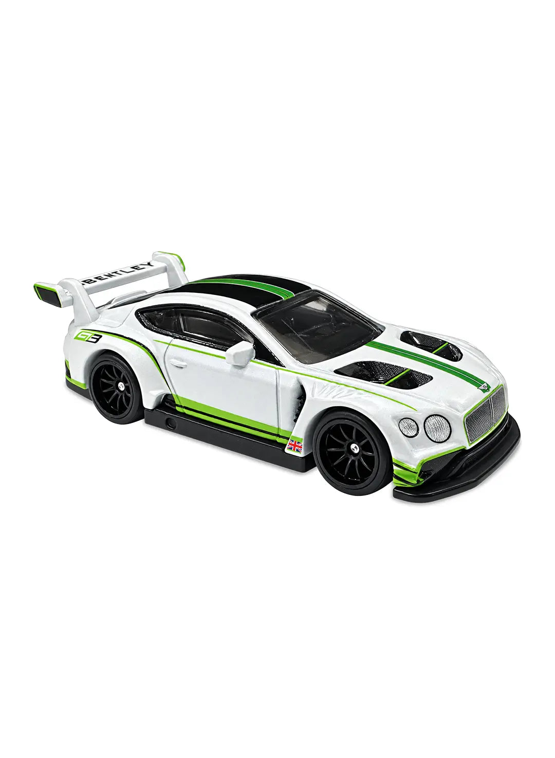 Close-up view of the white Hot Wheels 2018 Bentley Continental GT3 showing bright green racing stripes, a Union Jack flag side decal, a massive white spoiler, and black Real Riders wheels.