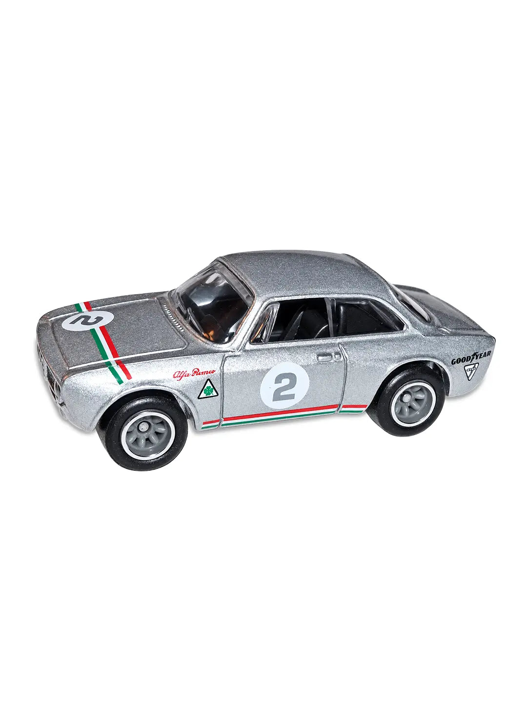 Close-up profile view of the premium silver Alfa Romeo Giulia Sprint GTA showcasing its clean vintage European coupe lines and silver-detailed RR8SP Real Riders wheels.