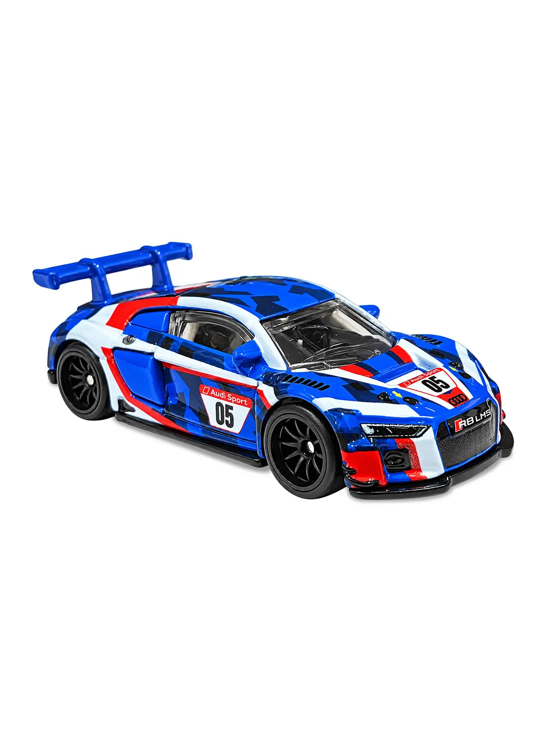 Close-up view of the premium white Hot Wheels Audi R8 LMS showing a detailed blue and red Castrol racing livery graphics, sleek aerodynamic rear wing, and dark grey Real Riders RR10SPM wheels.