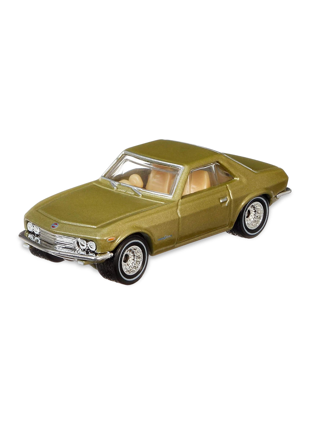 Close-up view of the light metallic silver gold Hot Wheels Nissan Silvia (CSP311) coupe showing retro body lines and chrome dish Real Riders wheels.