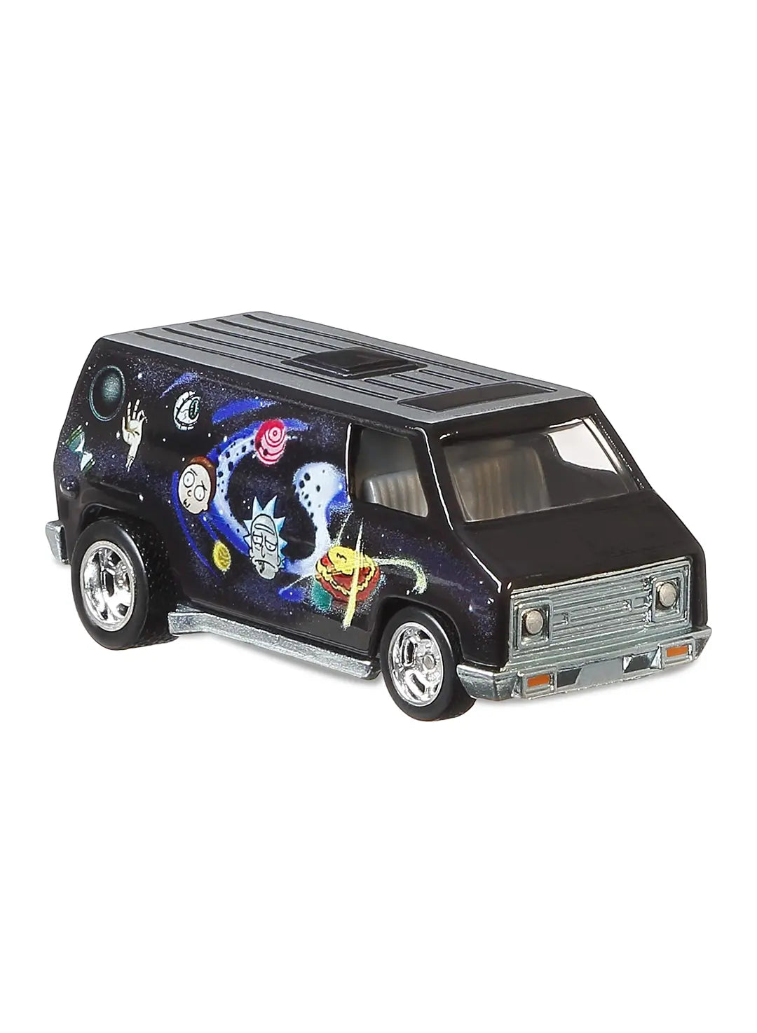 Close-up view of the metallic dark blue Hot Wheels Rick and Morty Super Van showing deep space graphics and chrome Real Riders wheels.