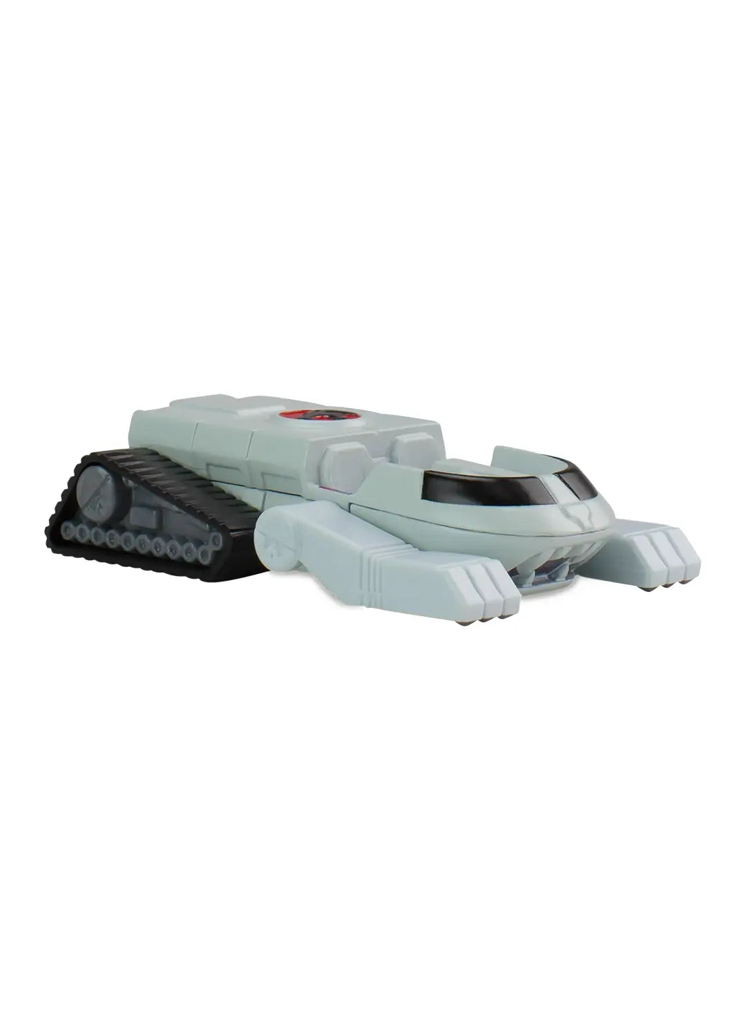 Close-up view of the matte grey Hot Wheels ThunderCats ThunderTank showing sculpted armor details and mechanical tread designs.