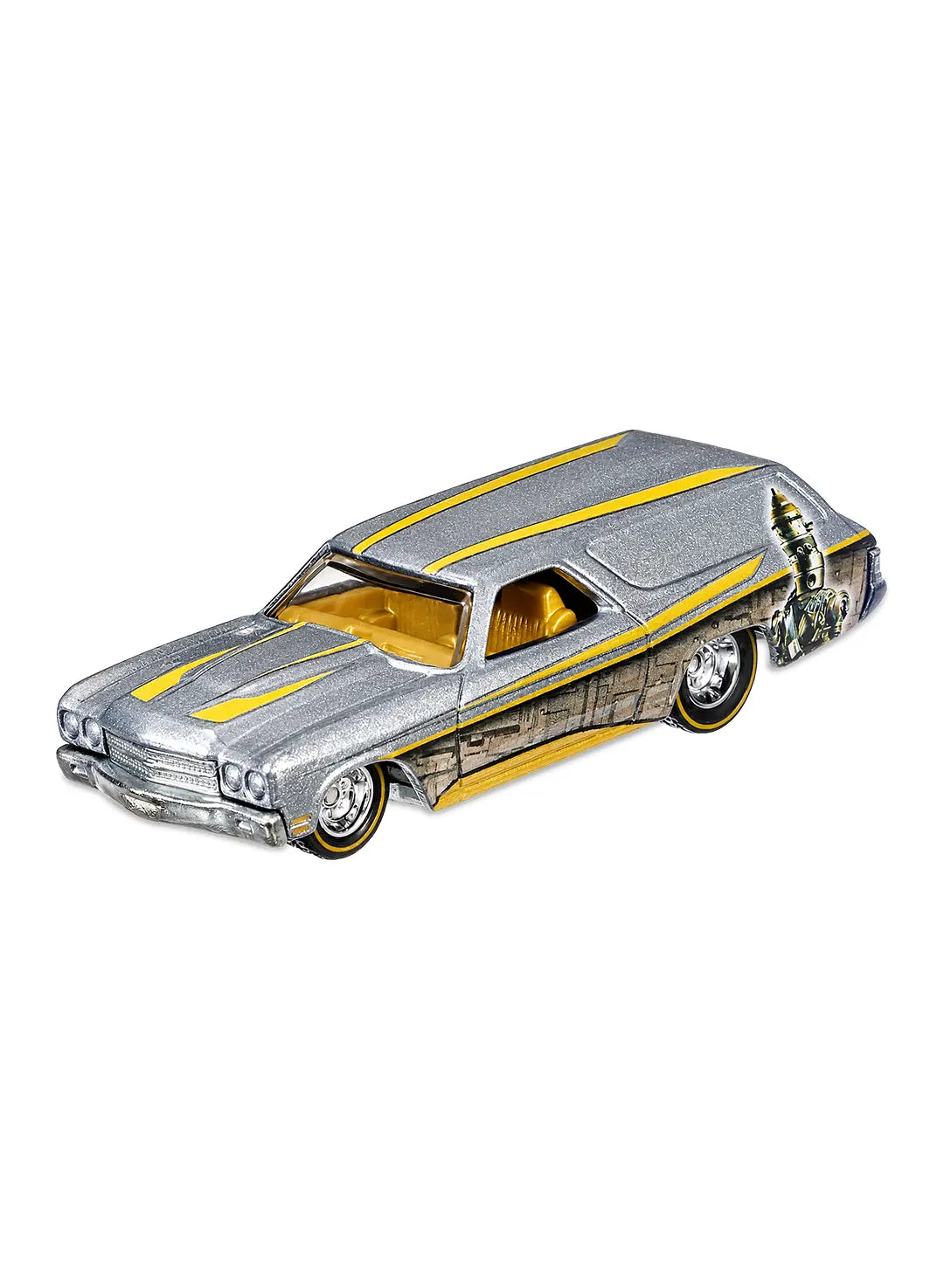 Close-up view of the unpainted silver ZAMAC Hot Wheels IG-88 '70 Chevelle Delivery wagon showing yellow roof trim and chrome Real Riders wheels.
