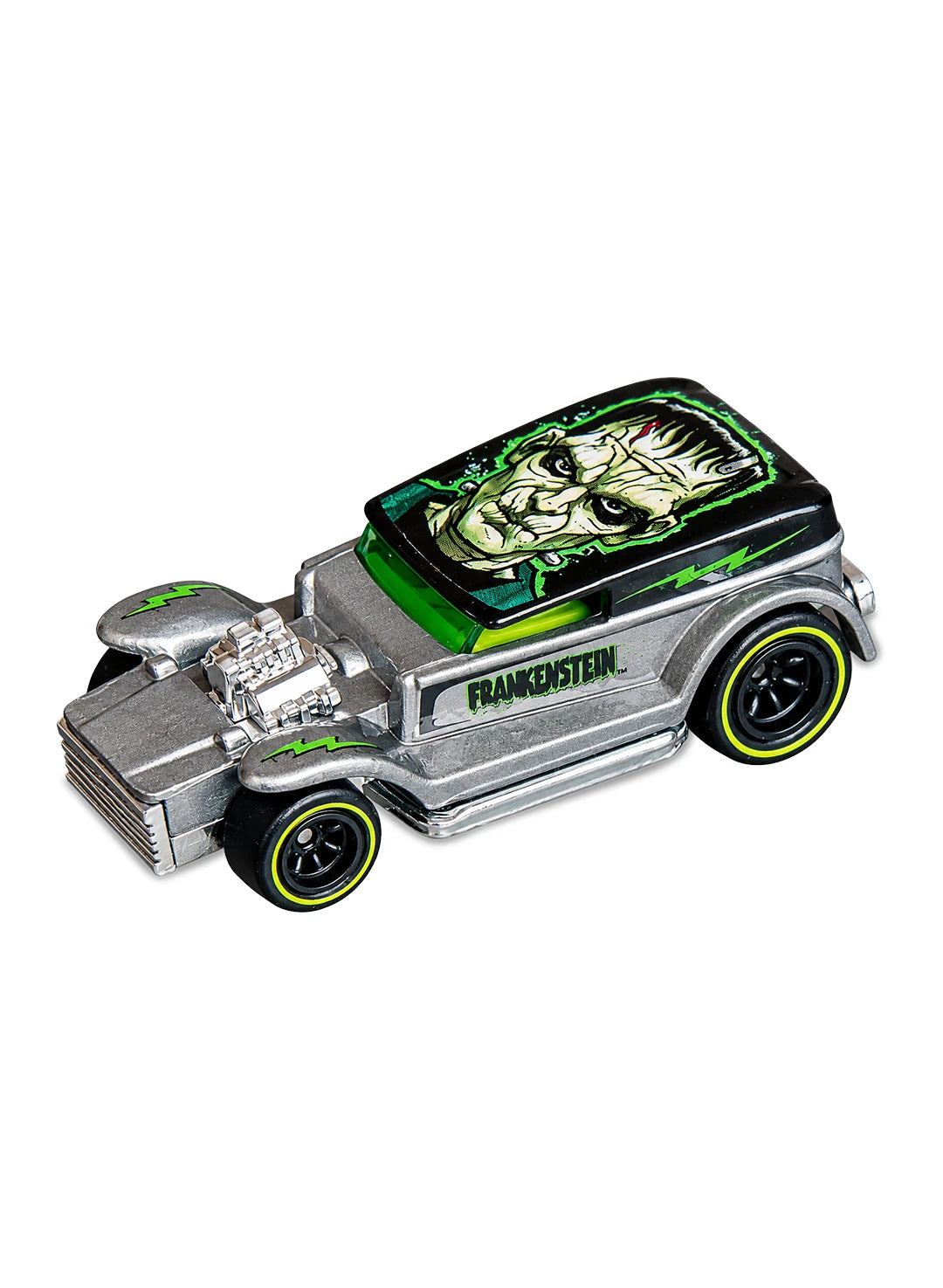 Close-up view of the raw metal silver Hot Wheels 2013 Universal Monsters Frankenstein Double Demon Delivery showing side graphics and yellow-rimmed Real Riders wheels.