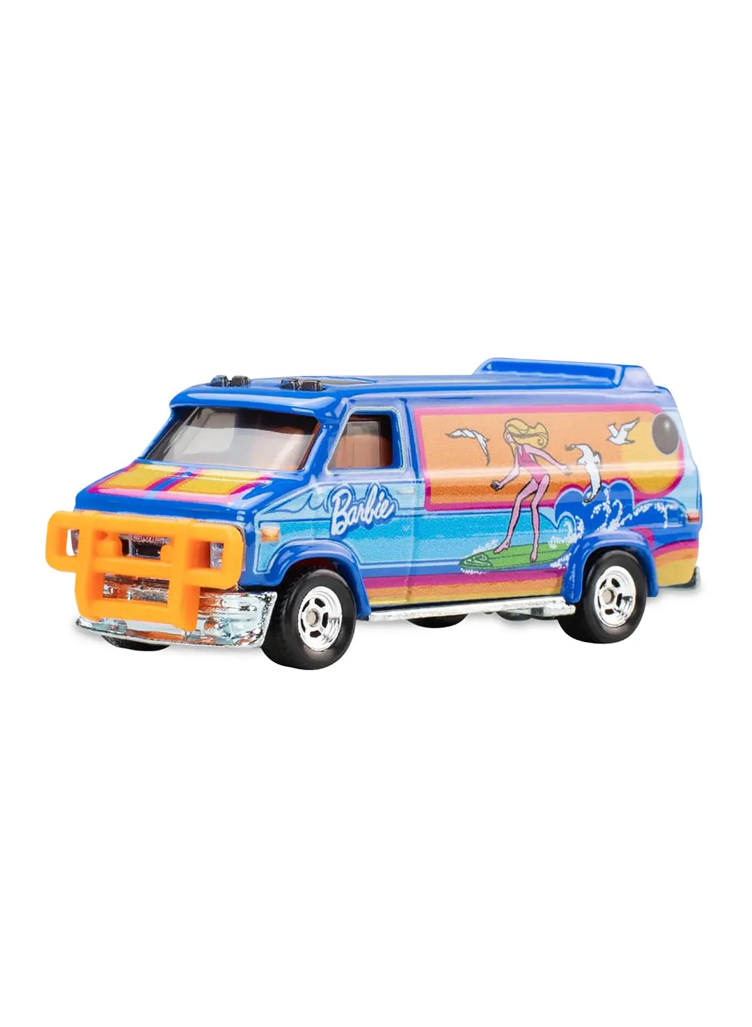 Close-up view of the blue Hot Wheels Barbie Custom GMC Panel Van showing a detailed side wrap graphic with a surfing Barbie illustration, rainbow racing stripes, and chrome deep-dish Real Riders wheels.
