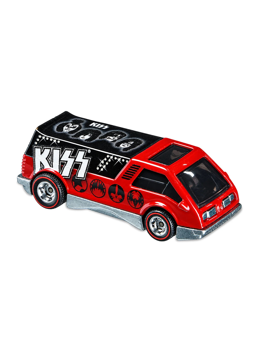 Close-up view of the black and red Hot Wheels 2013 KISS Super Van showing side face paint graphics and redline Real Riders wheels.