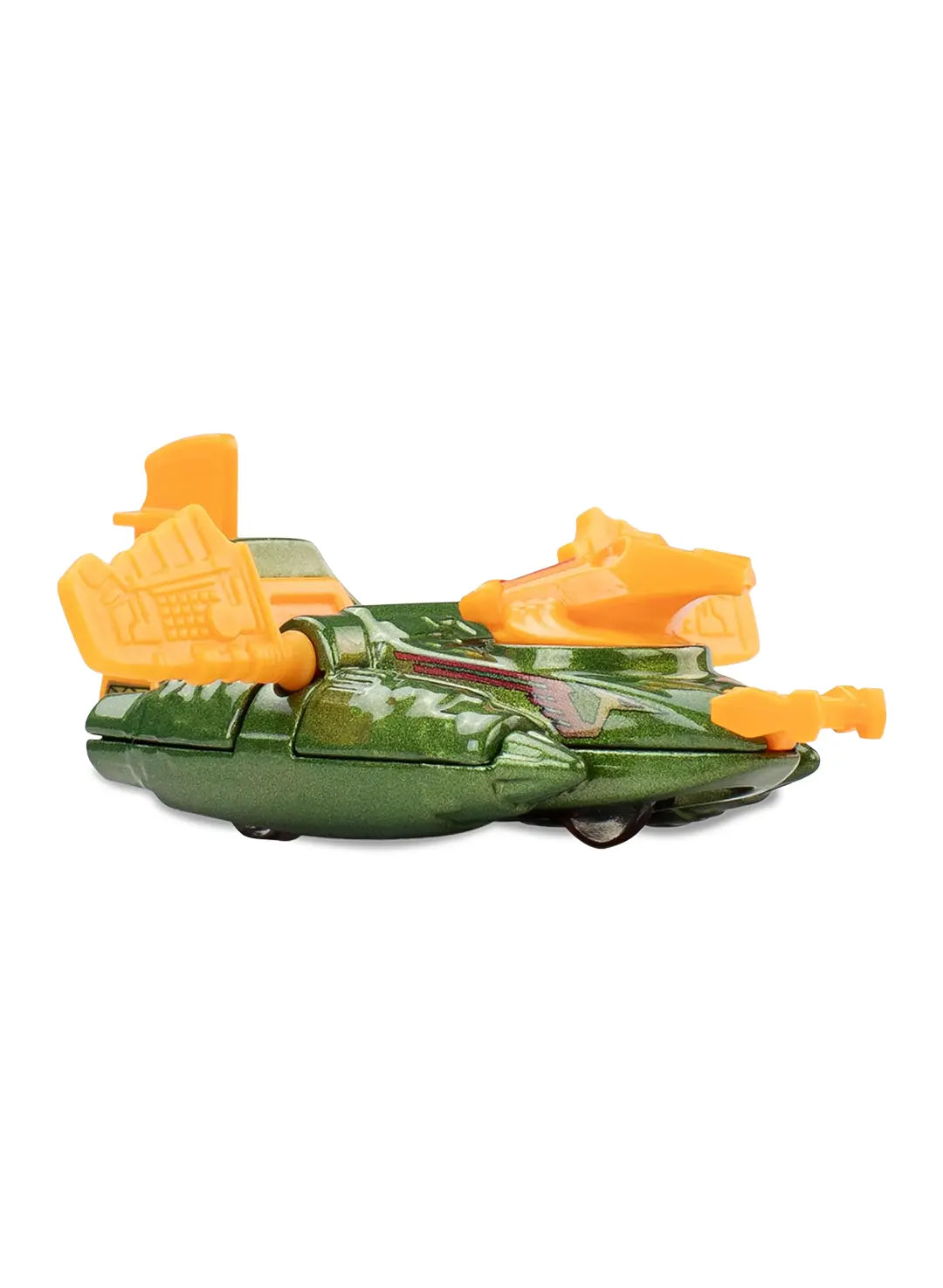 Close-up view of the metallic olive green Hot Wheels Masters of the Universe Wind Raider showing custom orange wings, a yellow tail fin assembly, and molded mechanical panel detailing.