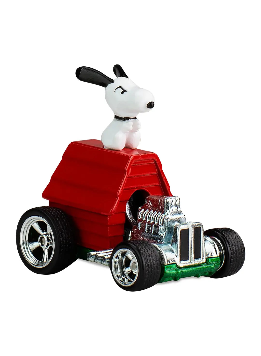 Close-up view of the Hot Wheels Peanuts Snoopy car showing a molded plastic Snoopy figure wearing aviator goggles sitting on a red doghouse go-kart body with chrome Real Riders wheels.