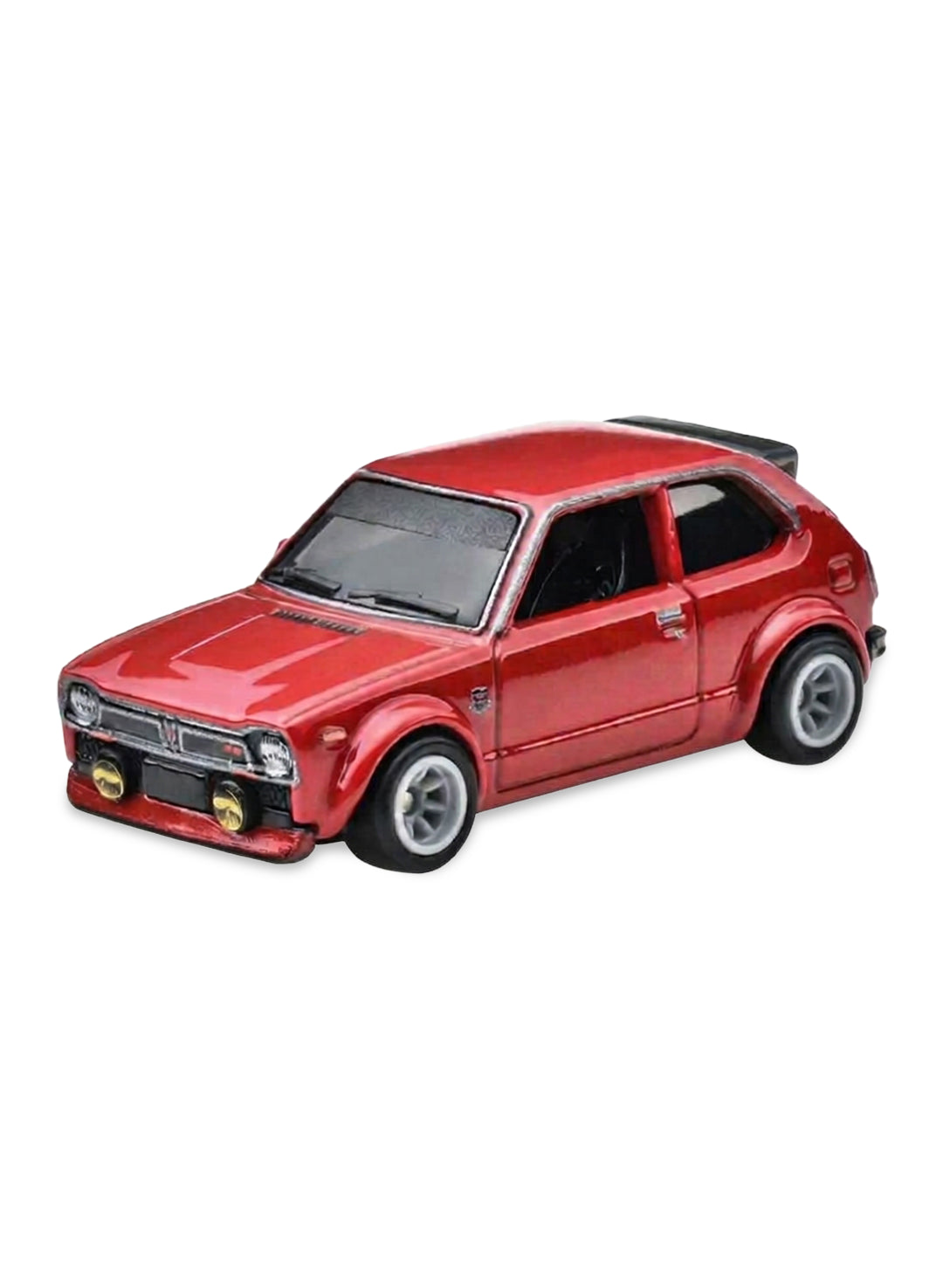 Close-up view of the burnt red Hot Wheels '73 Honda Civic Custom hatchback showing clean compact body lines and bright silver-rimmed Real Riders wheels.