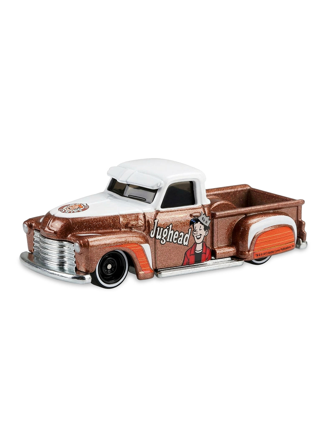 Close-up view of the metalflake brown Hot Wheels 2013 Archie Comics La Troca truck showing side Jughead graphics and chrome Real Riders wheels.