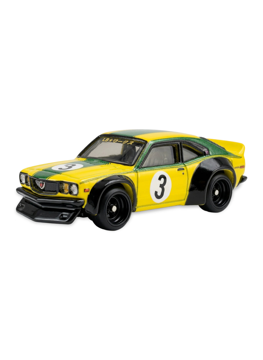 Close-up view of the racing yellow Hot Wheels Mazda RX-3 showing green side racing stripes with a number 3 livery and gold-centered Real Riders wheels.