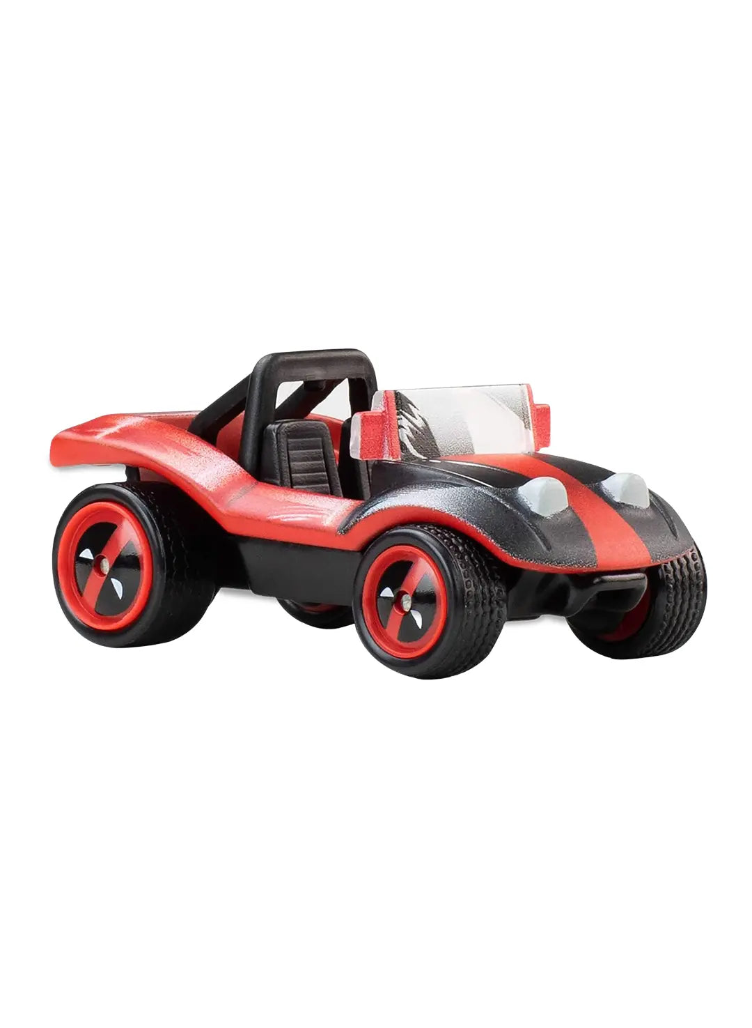 Close-up view of the metallic red Hot Wheels Spider-Mobile Dead-Buggy showing a black dune buggy frame, a tan open-air interior, and matching black wheels with red Deadpool emblem hubcaps.