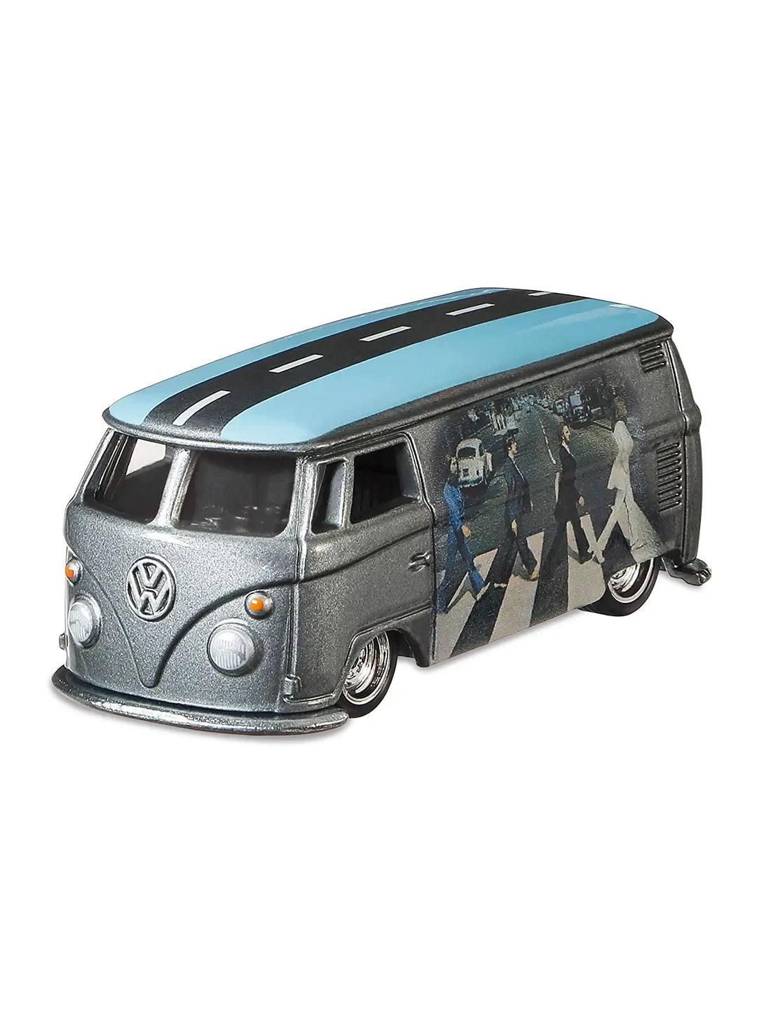 Close-up view of the metallic grey Hot Wheels Abbey Road Volkswagen T1 Panel Bus showing side zebra crossing graphics and chrome wheels.