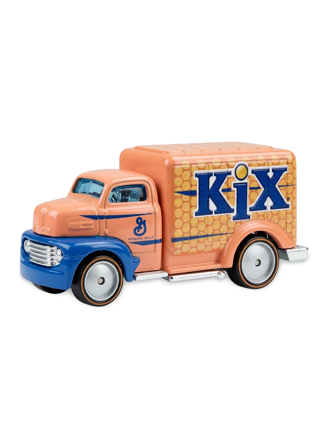 Close-up view of the orange and blue Hot Wheels 2013 KiX '49 Ford C.O.E. truck showing honeycomb side graphics and copper Real Riders wheels.