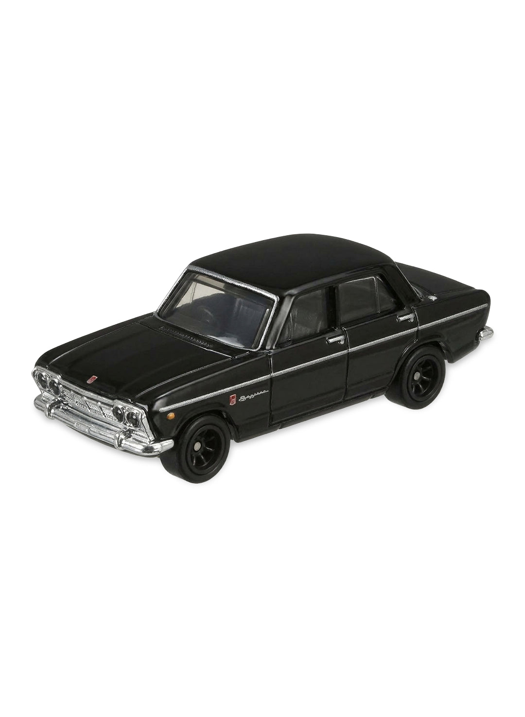 Close-up view of the limited-edition stealth black Hot Wheels '64 Prince Skyline GT Chase car showing matching black body panels and black 8-spoke Real Riders wheels.