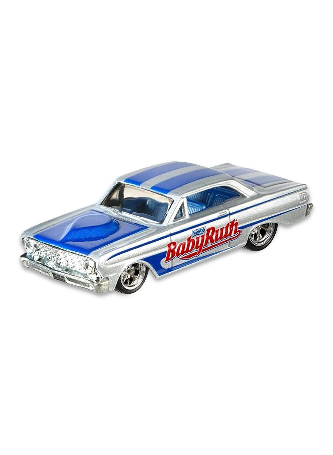 Close-up view of the gray Hot Wheels Baby Ruth '64 Ford Falcon Sprint showing blue side stripes, door logos, and 10-spoke Real Riders wheels.
