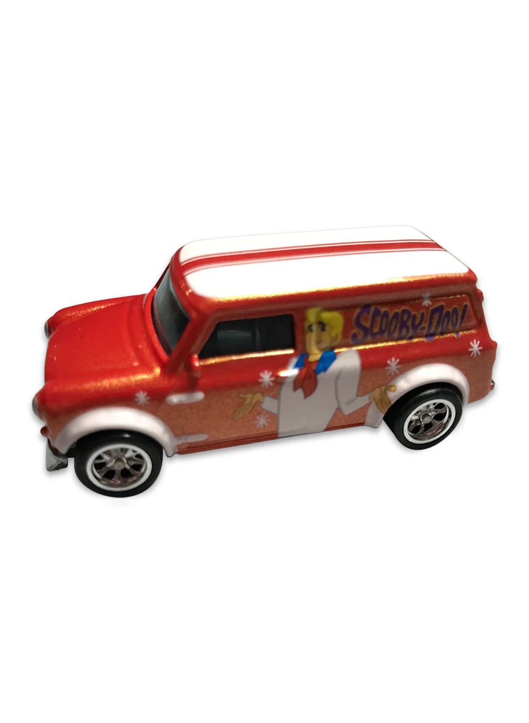 Close-up view of the metalflake orange Hot Wheels Fred '67 Austin Mini Van showing a white roof and 4-spoke Real Riders wheels.