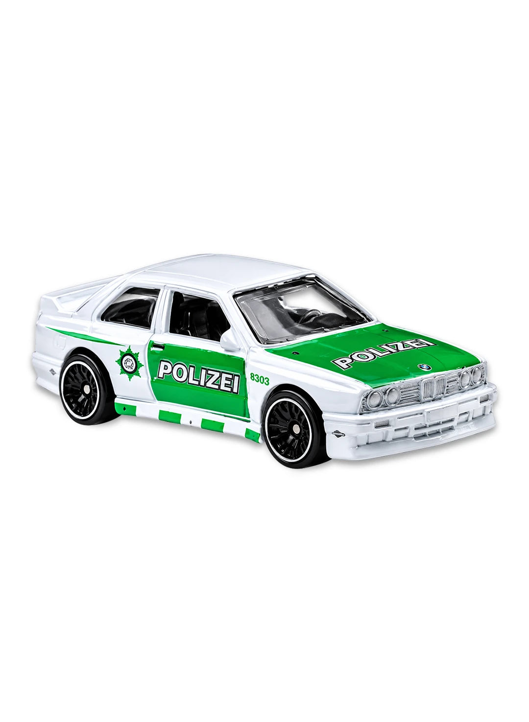 Close-up view of the white Hot Wheels Polizei '92 BMW M3 showing bright green side panels with white "Polizei" text graphics, a rear spoiler, and black multi-spoke Real Riders wheels.